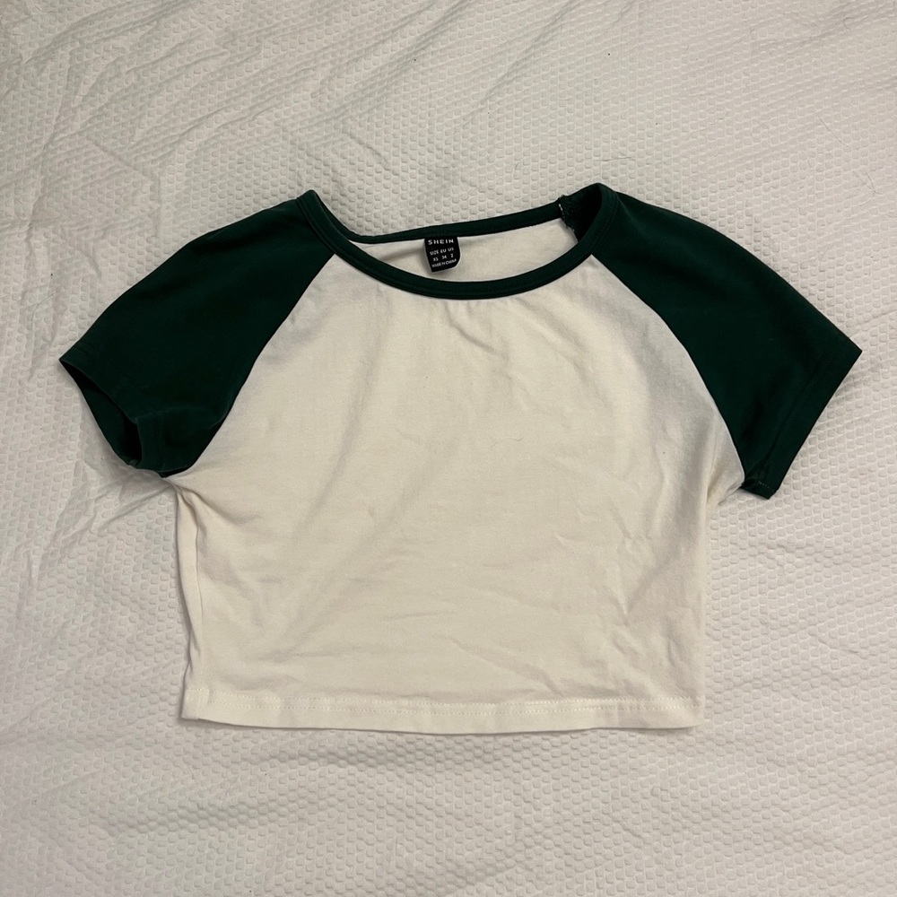 Green and White Raglan Crop Top Baseball Tee